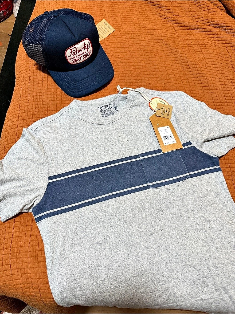NWT Faherty Surf Stripe Sunwashed Tee Gray & Blue Size XS
